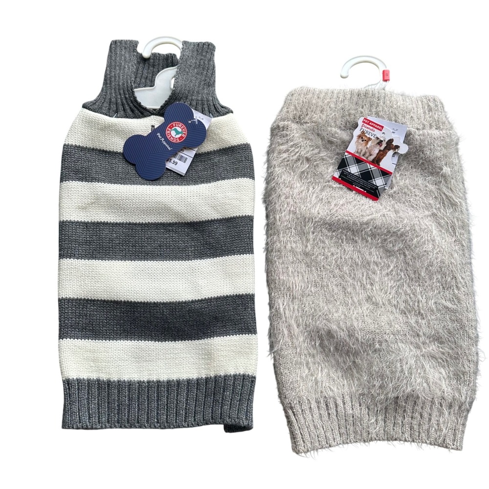 Furever Friends Dog Sweater Bundle Small Grey Striped & Fuzzy Taupe Knit 2pc